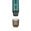 Green Outin Nano thermos flask with black cap above a white Чаша за еспресо Outin Nano.