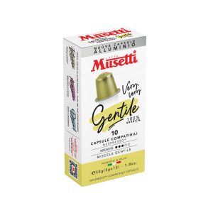 Кутия с кафе капсули Musetti, озаглавена "Кафе капсули Musetti® Gentile 100% Арабика", съдържа 10 капсули, които са съвместими със системата Nespresso. Направен от 100% зърна арабика, той доставя нежно, но богато вкусово изживяване, идеално за вкусване по време на Outin момент.