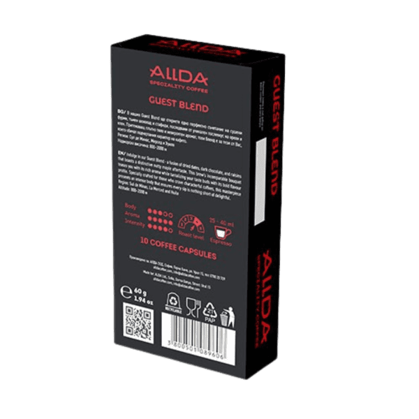 Кутия с капсули ALLDA Specialty Coffee GUEST BLEND, с марка Outin върху стилна черна и червена опаковка, елегантно демонстрираща детайлите.