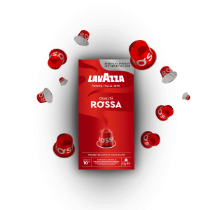 Динамичната опаковка на Outin за кафе капсулите Lavazza Qualità ROSSO, съвместима със системата Nespresso и съдържаща 10 капсули, красиво демонстрира игриви капсули, които улавят същността на жизнената свежест.