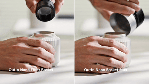Сравнение на Outin Nano Filter Basket и Outin Nano Basket Plus при държане и отваряне от човек.