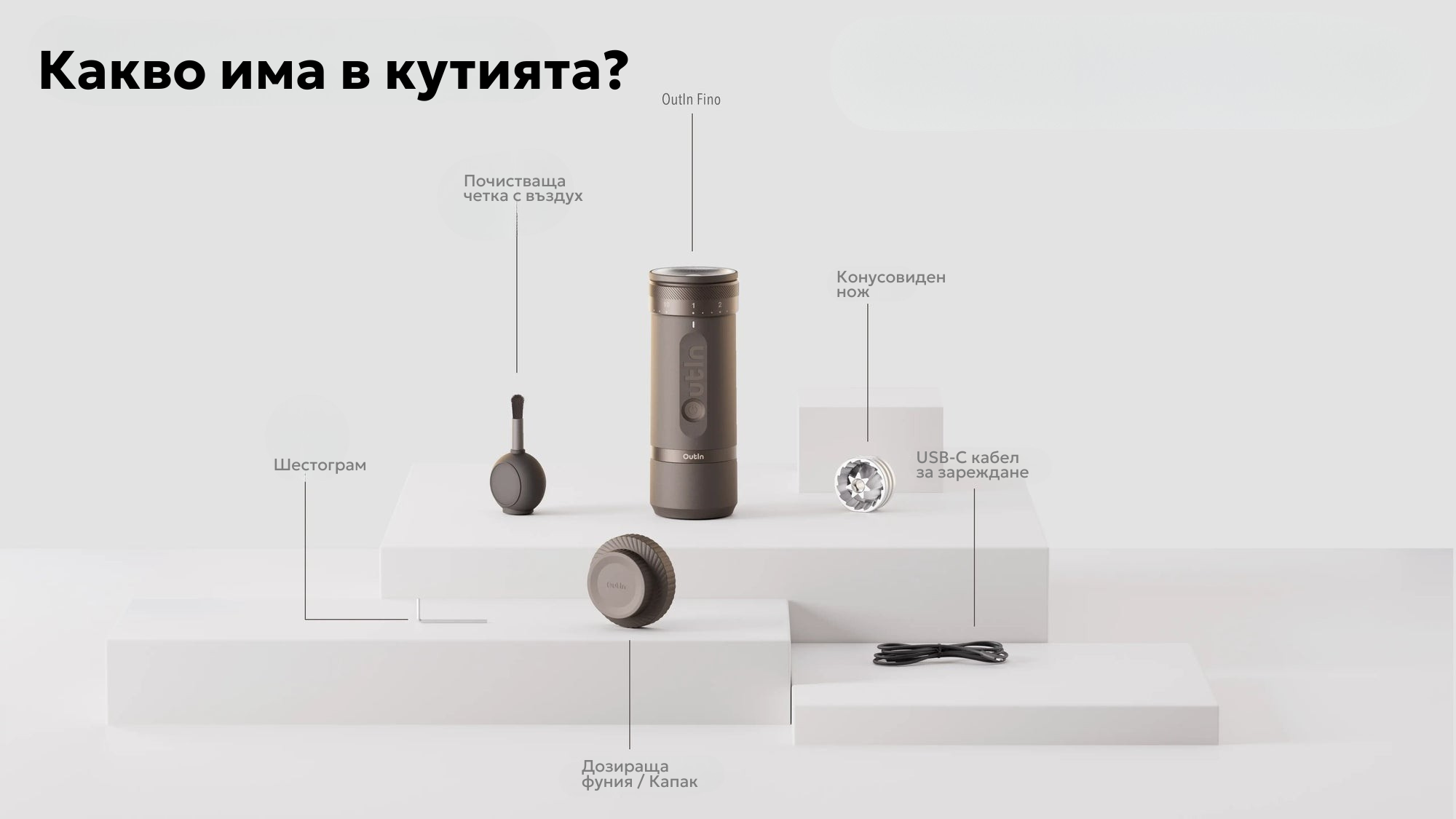 Портативната кафемелачка Outin включва четка, фуния за дозиране, бургия, USB-C кабел и ръководство за употреба.