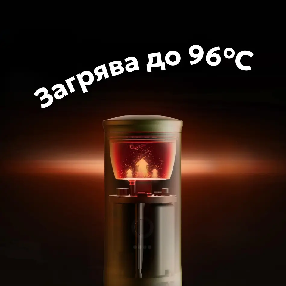 Диспенсър за вода загрява вода до 96°C, като над него се показва руски текст в стила на Elementor, показващ температурата.